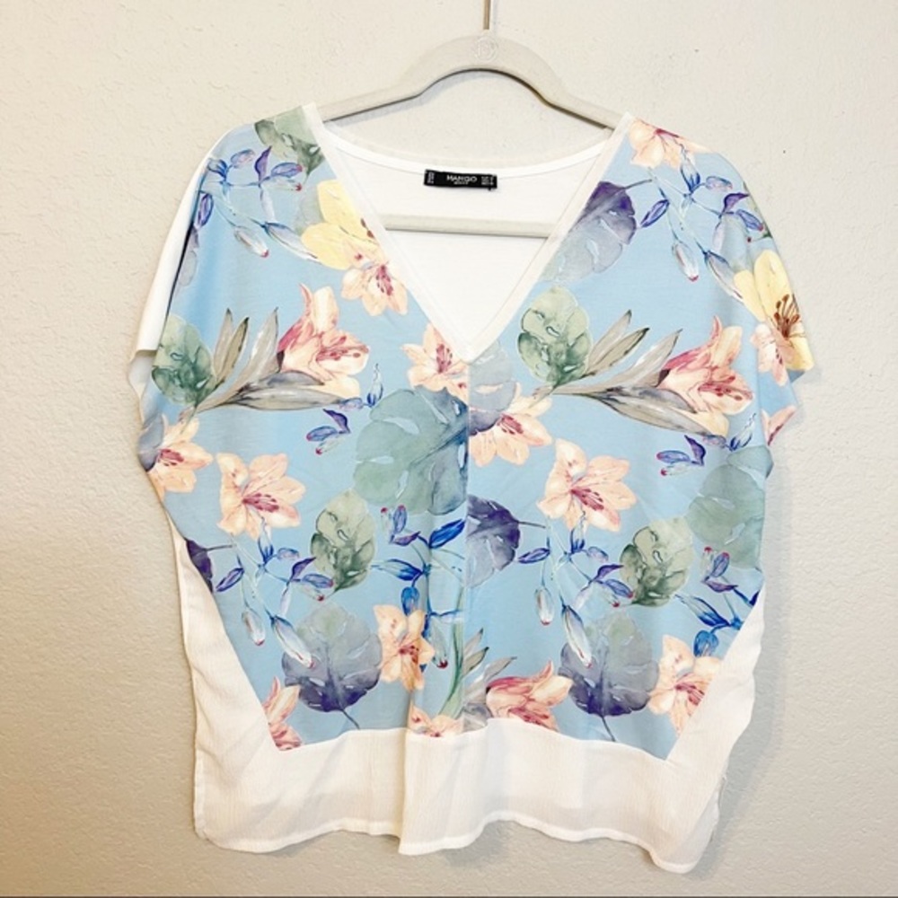 Mango Basics Womens Small V-Neck Short Sleeve Floral Tropical Print Blouse Blue